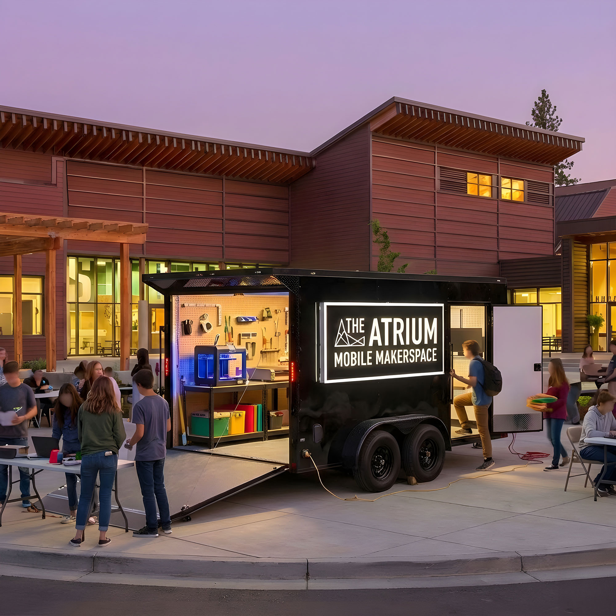 The Atrium Mobile Makerspace trailer with students